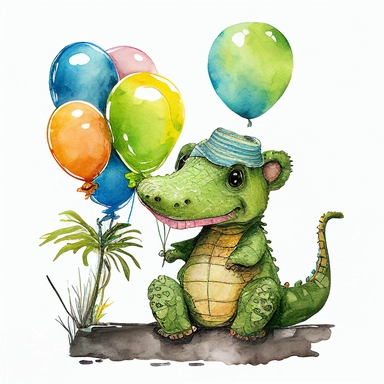 Safari Baby Animal Watercolor Clipart, Cute Baby gator, Cute Jungle Animal, Birthday Baby gator, colorful balloons, no image noise, no lettering, hyperdetail, maximum detail