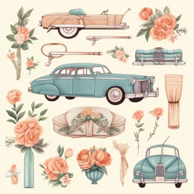 art vintage vector clipart for junk journal,Vintage wedding car,nostalgic love theme, high quality, soft and muted pastel colours, isolated white background,8k, f1