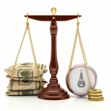 a scale with a bag of money on one side and a coin on the other, clipart, white background