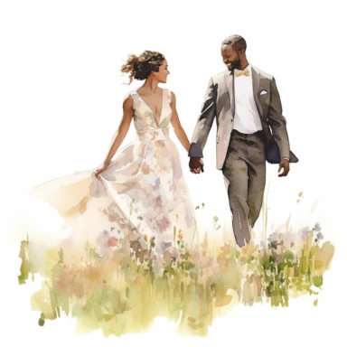 Athletic Caucasian bride and African groom, walking hand in hand through a sunlit meadow, radiant and blissful, watercolor, Pixar style, Clipart on a white background.