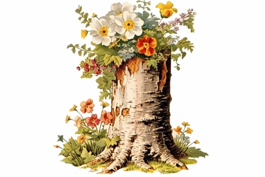 Vintage 1920 detailed Birch Tree Trunk With Flowers Illustration, Chromolithograph, Die Cut, 1920s Illustration, Vintage, Chromolithograph, Colorful, Antique, Ephemera, Clipart, 8k, Isolated on white