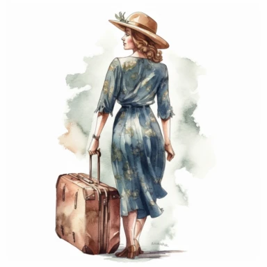 vintage back travel woman with hat holding luggage, whole body girl, Watercolor style, Clipart,on white background with margins