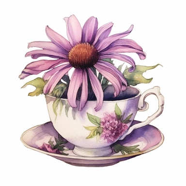 watercolor painting,Purple Coneflowers in teacup clipart, beautiful teacup clip art, fancy teacup, delicate little teacup, victorian