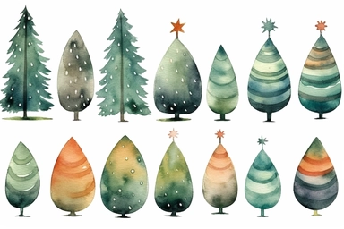 christmas tree and ornament clipart, in the style of whimsical watercolor, ornamental, festive atmosphere