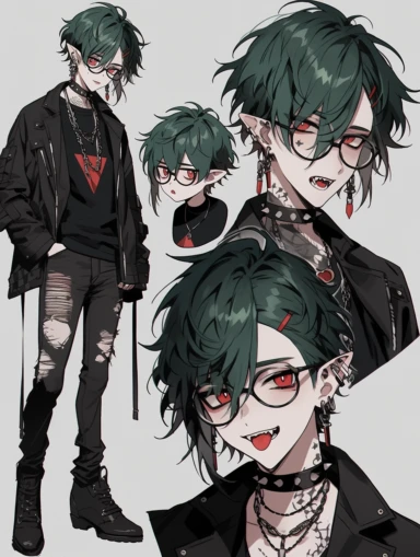 anime boy, messy dark green hair, red eyes, sharp teeth, choker necklace, grey black striped sweater, black pants, hair clip, goth, punk, red, gothic, lip ring, round glasses, pointed ears, vampire, black jacket, full body, man, male, tattoos, reference sheet