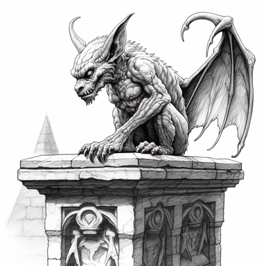 an intricate ink drawing of a gargoyle on a ledge, black and white, white background, clipart