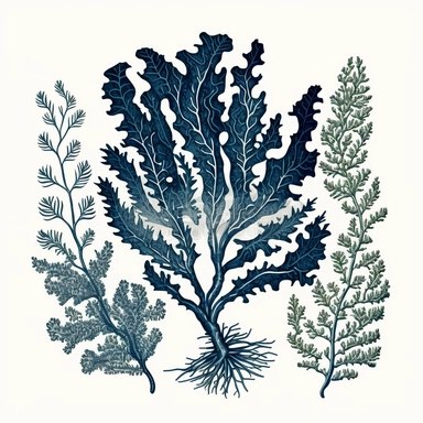 algae, engraving style, navy white color, on white background, clipart