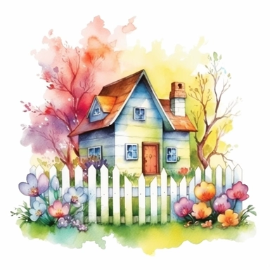 clipart, isolated on white background, beautiful cute Watercolor Spring Cottage - cute little house with fence and chimney, tree and flowers, ornated, vivid and saturated colors