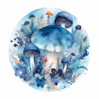 magic blue mushroom watercolor art, dreamy clipart, trippy, occult, circular frame, white background, painterly, colorful
