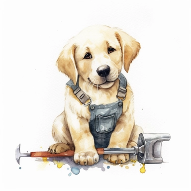 Watercolor Clipart of baby animal full body. smiling sitting baby dog wearing a car mechanic costume