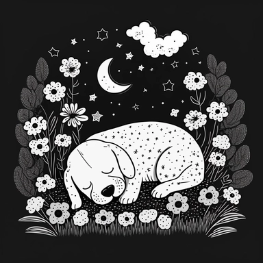 cartoon dog sleeping on a bed of flowers and the moon and stars up in the sky. cute, clipart, flat 2d vector, minimalist, black and white, kids cartoon, svg cut file, line art drawing