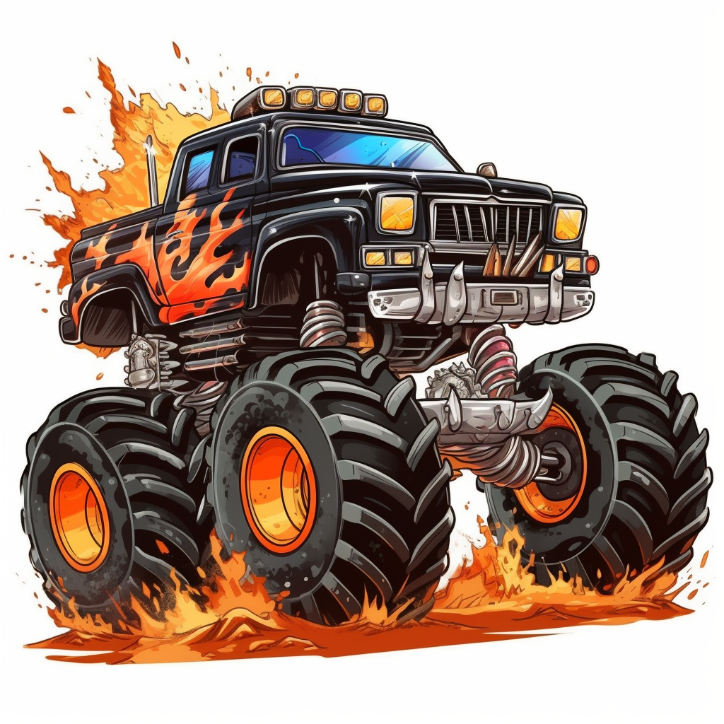 black cartoon monster truck crushing an old car clipart isolated on a ...