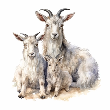 new born baby dwarf Nigerian goats with their mother, very detailed and realistic, watercolor, white background with margins, clipart style