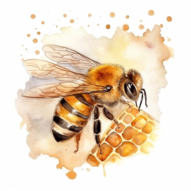 watercolor, A honey bee hovering near a beehive entrance, carrying a load of pollen on its hind legs, with a focused expression, with a honeycomb pattern as the coat or attire. (Digital drawing clipart, image black border color, full body, flat texture, transparent background)