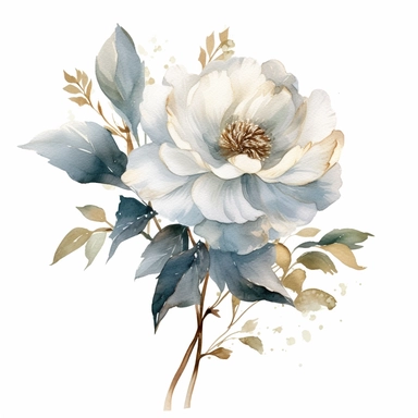 One Dusty blue and white austin rose flower, big blooms, with muted green whispy foliage with gold flicks, elegant and beautiful floral clipart for wedding invitations, delicate, watercolor, oil painting, defined edge on white background