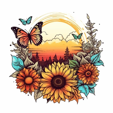boho colored, rainbow sunset, with sunflowers, and butterflies, classic tattoo motif, clipart on white background, engraved line work, retro, borders