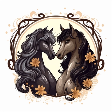 Cartoon black horse couple love portrait frame clipart, anime, high detail, illustration style, high solution, on the white background