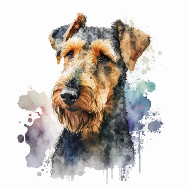 Generate an image of a Airedale Terrier dog Clipart in watercolor style on a white background