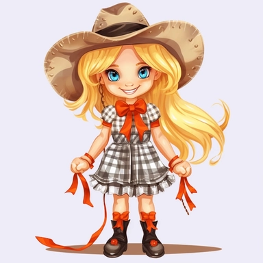 little cute blond girl, braids in her hair with bows at the ends, smiling, beautiful festa junina dress plaid, big hugh eyes, smiling, straw hat on her head, boots, clipart style, embarressed with black outline,