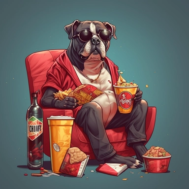 cartoony, clipart, 1080p, sharp focus, blank background, trending on ArtStation, trending on CGSociety, pitbull dog wearing sunglasses sitting on a couch with a beer in one hand, next to a standing fan, hamburger, fries, chips, cake, bottles of beer, lots of junk food