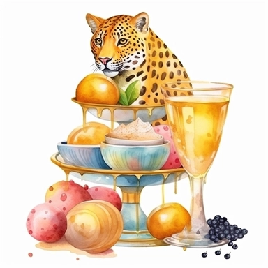 sweet colorful, gold, watercolor, honey Lemons Clipart, Macaroon,cupcake, variety of fruit juice drippin, on luxury stand, luxury Icon Set, with cheetah, detailed, isolated white background, hand painting , single design