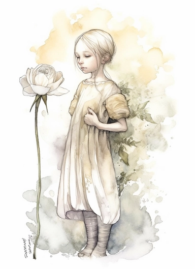 a single spring flower, in the style of magali villeneuve, jon j muth, carl larsson, dreamy world, closest to watercolor illustrations, soft color palette with ligh beige and gray, children's illustrations, solid white background, clipart