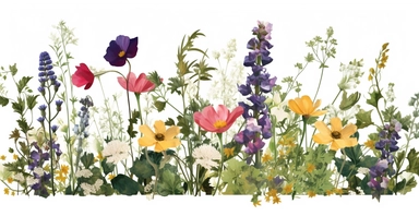 Pressed boho cottagecore snapdragon, cosmos, lupine, anemone and columbine floral border wildflowers with green foliages floral nature garden border, clipart with white background