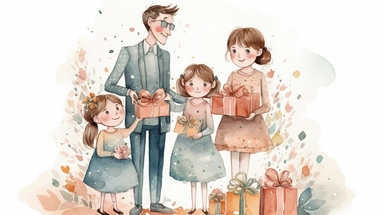Happy family, leaf, flower, gift box, digital paper, Watercolor clipart illustration vector, copy space, paper texture, on white background,
