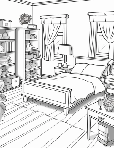 Create a simple line - art illustration, minimalistic coloring book page, simple style inspired by Hergé, showing clip art elements of Bed Mattress Pillow Blanket Sheets Comforter Nightstand Lamp Alarm Clock Dresser Mirror Wardrobe/Closet Hangers Clothes Rack Rug Curtains Window Desk Chair Bookshelf Shelves Television Remote Control Air Conditioner Fan Heater Wall Art Plant Laundry Basket Trash Bin Door Key Socks Shoes Slippers Photographs Clock Drawer Laptop Charger,