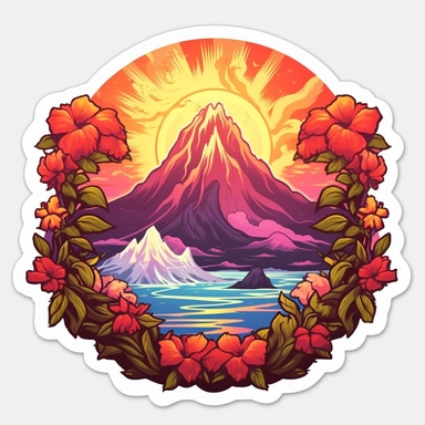 volcano erupting, close up, a sticker, artwork of t shirt graphic of majestic forest, in digital painting style , beautiful flowers, sunset mountains and clouds , big vines, stone temple covered in vines, white background, colorful fantasy flower surround, highly detailed clean, vector image, photorealistic masterpiece, professional photography, realistic, flat white background, isometric, vibrant vector, clipart, illustration, realism, 4k, , cinematic, front view, white background, paradise, ex