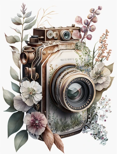a watercolor old camera 1 photo lens only, colector's item, surrounded by an intricate arrangement of dramatic extravagant ultra realistic digital 3D giant white and brown lucky flowers, in the style of large-scale photography, lush detailing, watercolor style, pastel colors, photorealistic, playfully intricate, made of flowers, bloomcore, 8K, clipart, clear background