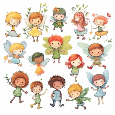 a delightful clipart featuring children and fairies playing and having fun against a clean white background. Capture the magic and joy of childhood with vibrant colors and lively expressions. Show children and fairies engaged in playful activities like dancing, flying, and creating magic. Design a versatile clipart suitable for crafts, invitations, and decorations. Celebrate the enchantment of childhood and the magical connection between children and fairies. Let your artwork inspire imagination