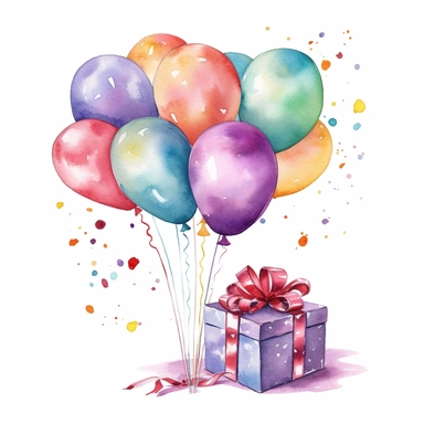 Birthday illustration clip art, holiday graphics collection, party background, watercolor colorful balloons and confetti illustration, carnival greeting graphics, gift box isolated, candies watercolor