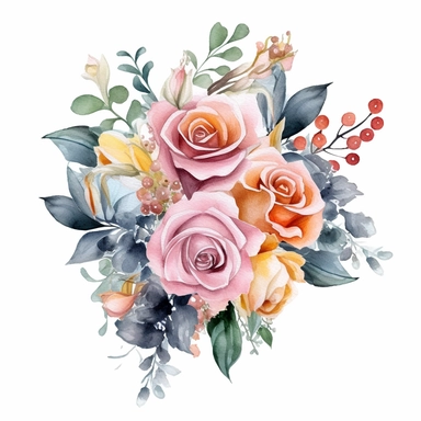 watercolor painted bouquet of mixed colored roses clipart, Flower Border clipart, Minimalist Flower Bouquet clipart, mixed colored roses Clipart roses painting formal glamour elegant style wedding floral bouquet, wedding clipart include babys breath flowers in the bouquet 4