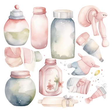 Create a watercolor clipart set featuring a variety of baby items, such as bottles, pacifiers, rattles, and blankets. Use soft, pastel colors and delicate lines to capture the innocence and sweetness of infancy, white background