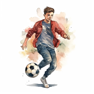 Watercolour of a teenage boy playing football , Clipart,Cartoon,hyper realistic, intricate detail isolated on a white background, high quality, sublimation, detailed, cartoon style