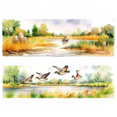 watercolor hunting scene in forest or fields with lake in vicinity where duck flocks take off in numbers , illustrations clipart set, simple, , cartoon elements ,different variants , natural elements, separate elements with a margin, ,4k, high resolution, , natural colors, vibrant green tones, birds and ducks