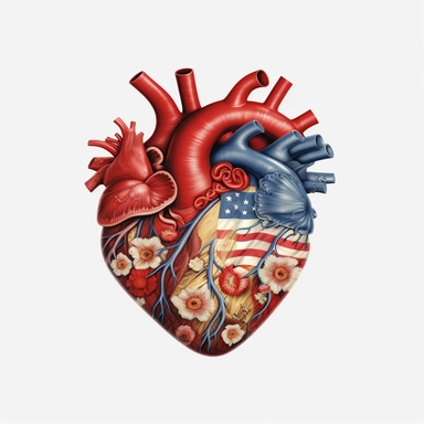 realistic illustration, real heart clipart, with floral decoration, with colors of the united states flag, july 24th, high definition embedded details, white background,