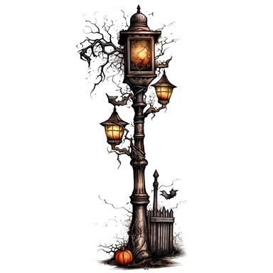 a highly detailed clipart of a creepy halloween lamp post, white background