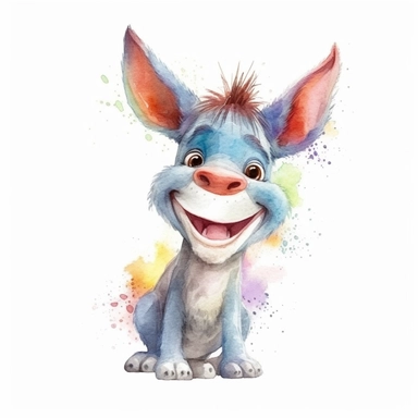 extremely cute and happy pastel baby donkey, big teeth smile, big eyes, four legs, vibrant watercolor clipart, isolated white background, 8k