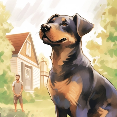 : An attractive man with beard stubble with brown hair and tan skin whistling and looking out the window of a pretty white house with a large wooden deck.A large black shepherd/lab breed dog standing outside looking up at the man. happy, warm, children's book illustration watercolor style, clipart, realistic, isolated on white background, 4K