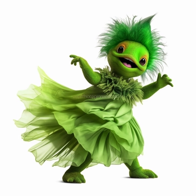 green baby girl Godzilla, looks like an alien, doing high step dance moves, wearing a designer dress made from Phoenix feathers , ultra high fashion, wearing ruby neck scarf, techno lighting, disney cuteness, plain white background, cutout clipart