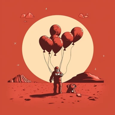 simple single color vector clipart image of a dog wearing an astronaut helmet and a playful smile on its face, standing on the Martian landscape while holding a bunch of balloons, minimalism, simple art, Red color,
