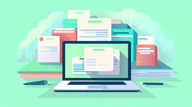 a simple flat microsoft office clip art style illustration of digital business contracts in a computer, documents organized into folders on the background, light green blue pastel color palette