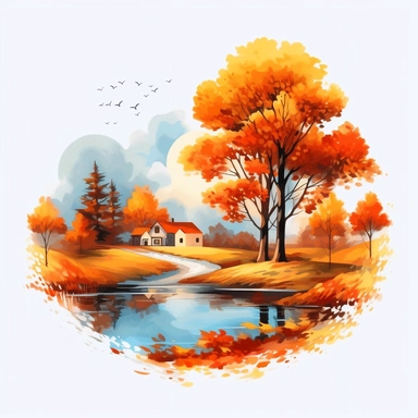 a single clipart image png graphic of a Realistic Painting Clipart Beautiful Season Autumn Fall Landscape PNG Illustration