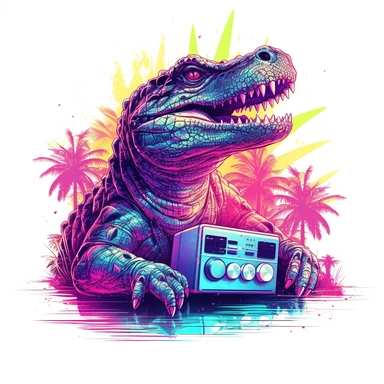 clip art of retrowave Alligator on white background