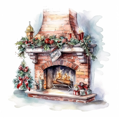 watercolor style, beautifully decorated christmas fireplace with slightly visible part of the wall behind it clipart, isolated on white background, 4K