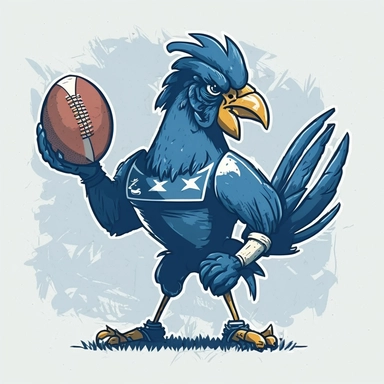 A blue rooster holding an american football ball, standing on a football field, clipart style