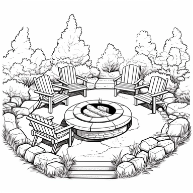 seating around fire pit simple 2D vector coloring book style clipart line art style cartoon strong black outlines on solid white background no color no gray front elevation view