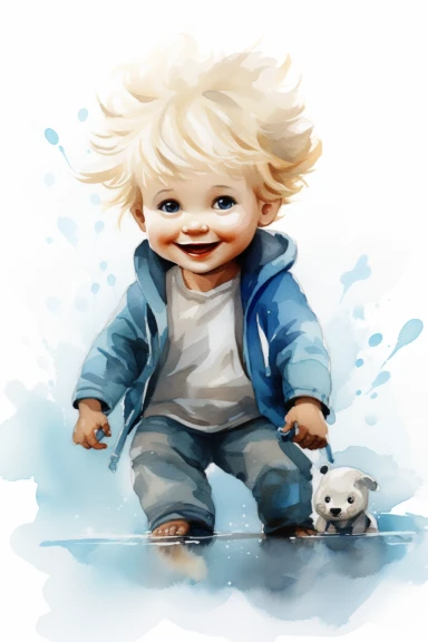 Watercolor clipart, A super cute happy blonde baby boy on living room floor playing with toys, adorable, feeling happy on intense white background, simple watercolors